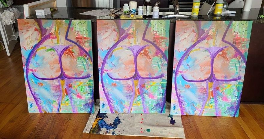 Purple Yoni Canvas Prints. Far left has been embellished with oil pastel, the two on the right are waiting adornment. Each is $500 shipping included. Custom sizing available.